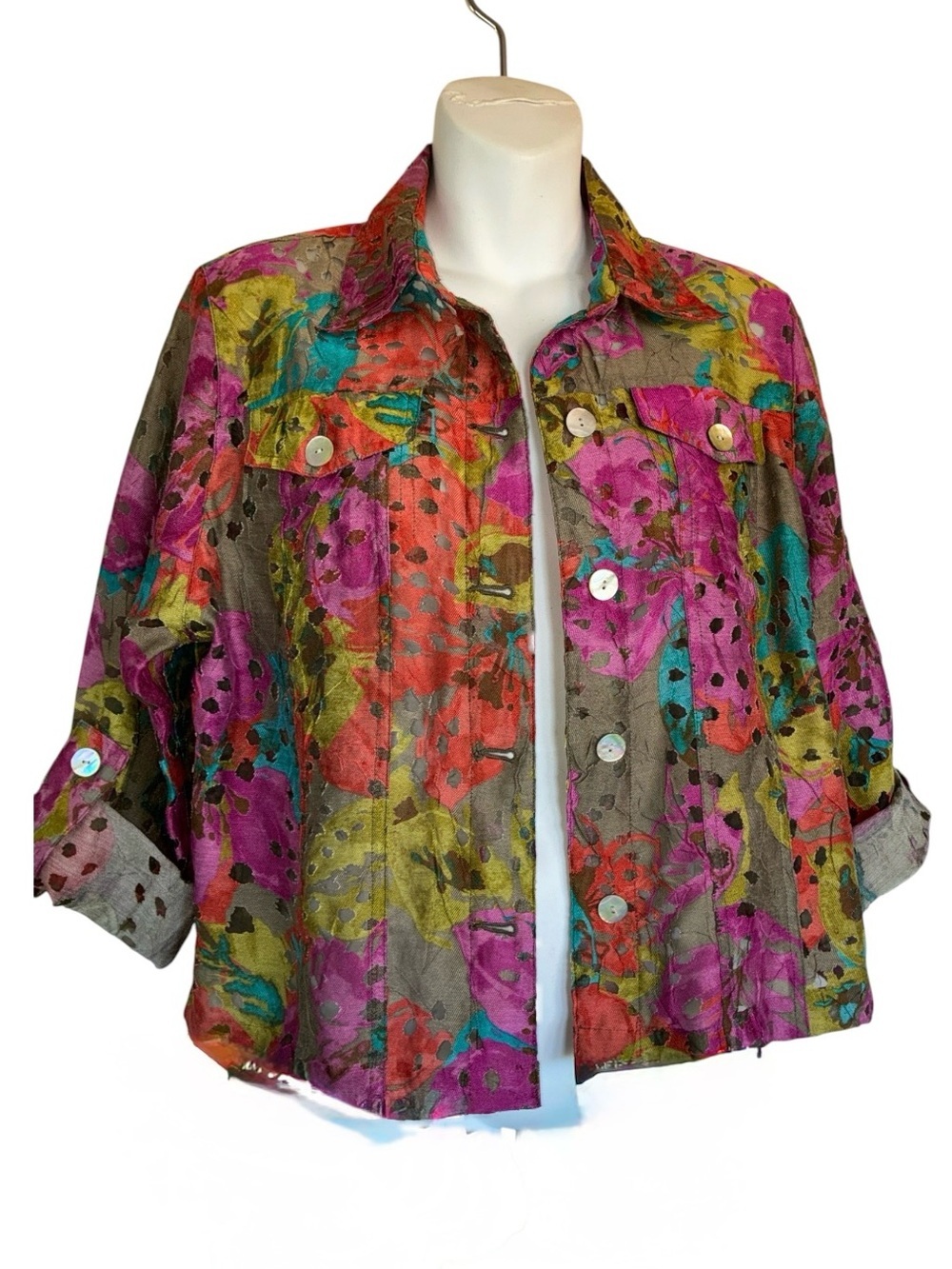 Ruby Rd Jacket women's 12P colorful floral, Buttons, 3/4 Sleeves, Semi-sheer EUC